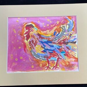 Handmade Mixed Media Paper&Acrylic Art Chicken Matted 14”x11” Original